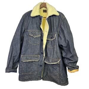 Sears Roebucks Vintage Chore Coat Dark Denim Sherpa Western 70s  Long Jacket